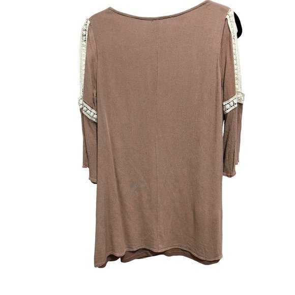 Ya Los Angeles Small Brown‎ Ivory Cold Shoulder Tunic Top Crochet Boho Peasant - Picture 7 of 8